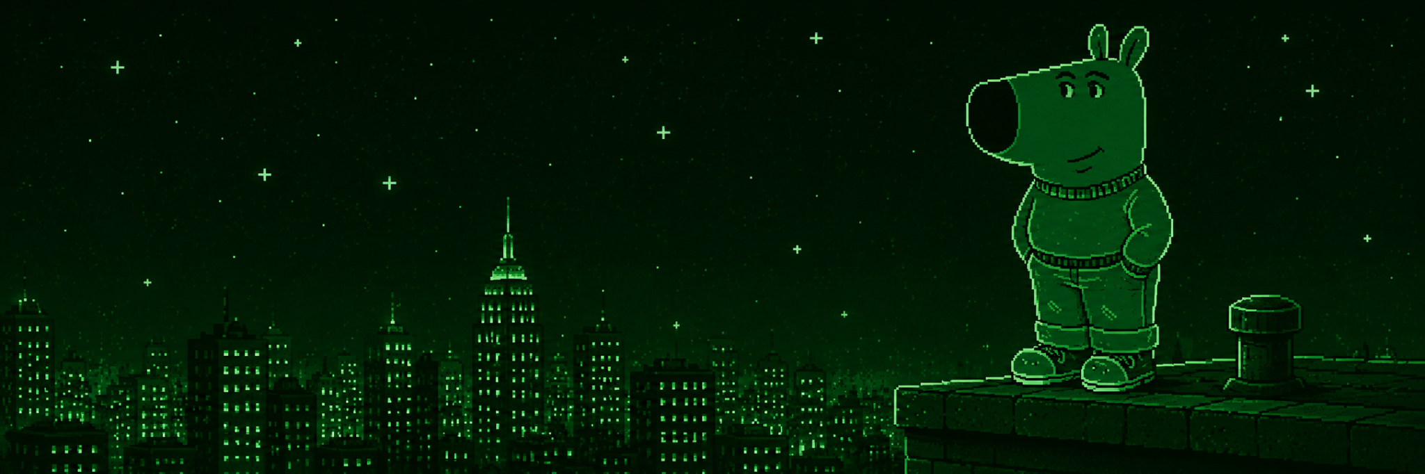 Pump Guy standing above a glowing green city
